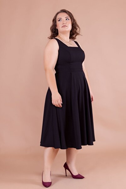 NO48 Rochie midi cu mărime mare, cu bretele groase și gât pătrat negru