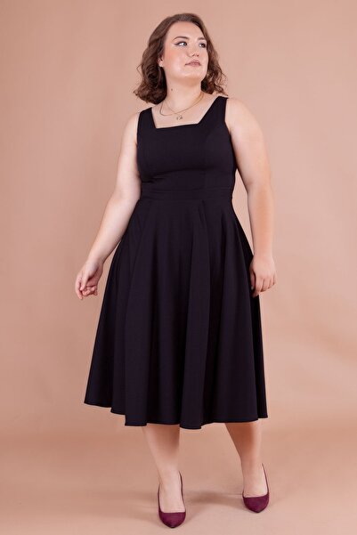 NO48 Rochie midi cu mărime mare, cu bretele groase și gât pătrat negru