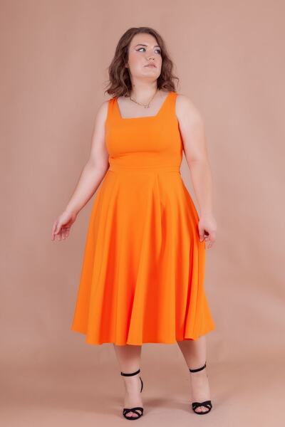 NO48 Plus Size Orange Midi Dress - Square Collar and Thick Straps