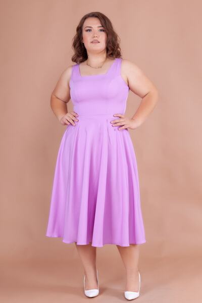 NO48 Rochie midi de mărime mare, cu guler pătrat liliac și bretele groase