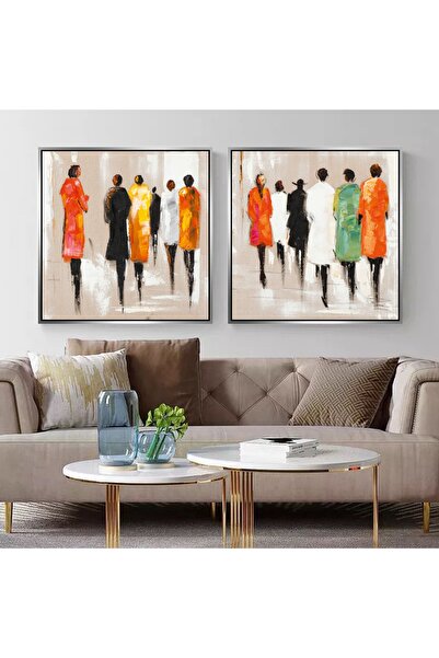 Markazip Renkli Insanlar Modern Sanat Gümüş Metal Çerçeveli 70x70cm Ikili Kanvas Tablo Tlh81-k