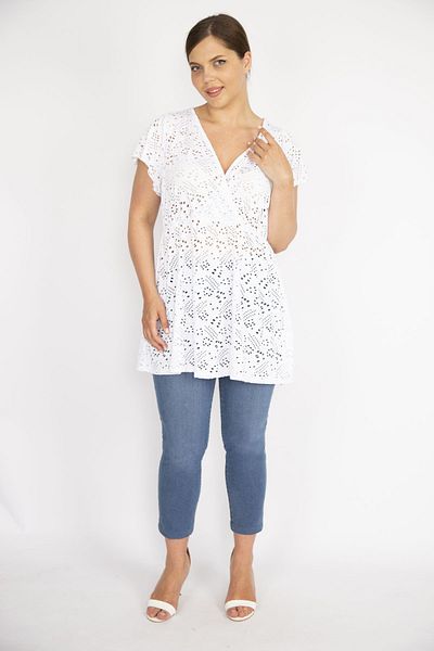 Şans Women's White Plus Size Perforated Fabric Wrap Collar Blouse 65n36616