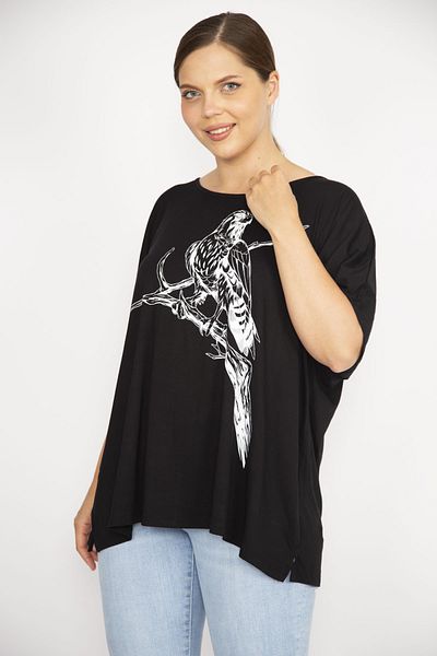 Şans Women's Black Plus Size Crew Neck Front Printed Blouse 65n36642