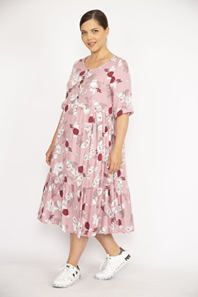 Şans Women's Dried Rose Large Size Woven Viscose Fabric Front Placket Buttoned Skirt Tip Layered Dress 65n36522