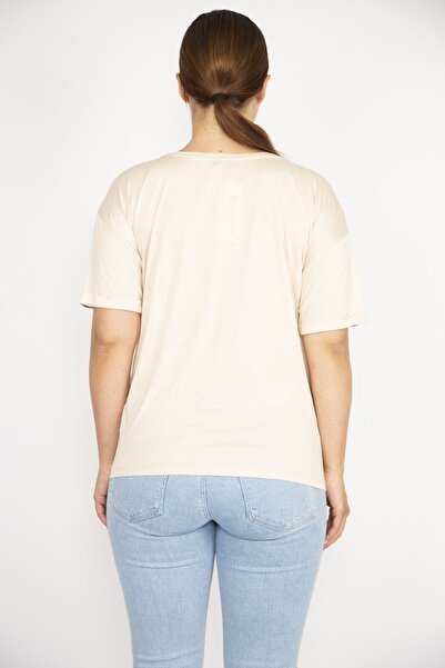 Şans Women's Beige Plus Size Patterned Satin Blouse 65n36628