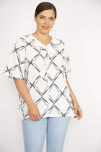 Şans Women's Bone Plus Size Collar Flounced Crepe Blouse 65n36637