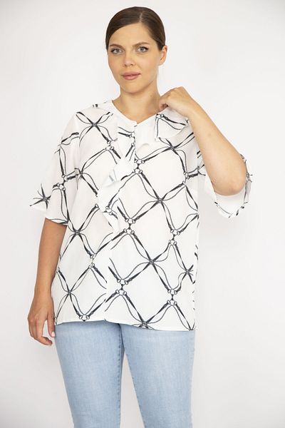 Şans Women's Bone Plus Size Collar Flounced Crepe Blouse 65n36637