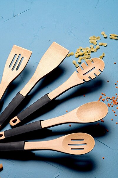 Pink&More Leora 6 Piece Silicone Serving Set with Stand and Wooden Handle