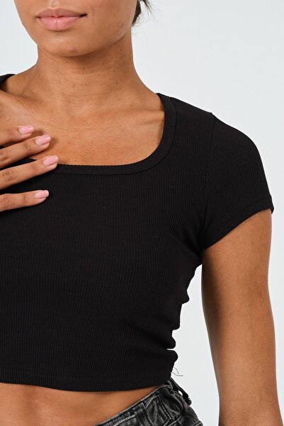 PUNKY CAT Women's Black U Neck Short Sleeve Crop Blouse