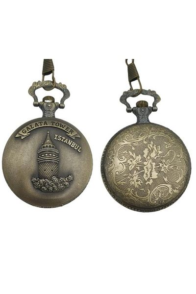 keyfimshop Retro Design Quartz Galata Tower Embossed Chain Chain Pocket Watch