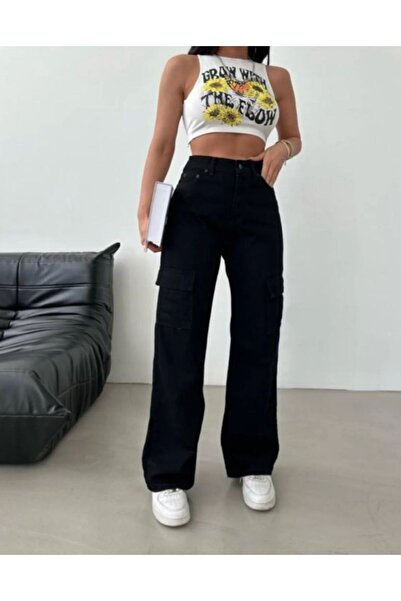 Lalove Black Fadeproof Cargo Pocket Palazzo High Waist Jeans Trousers Queen