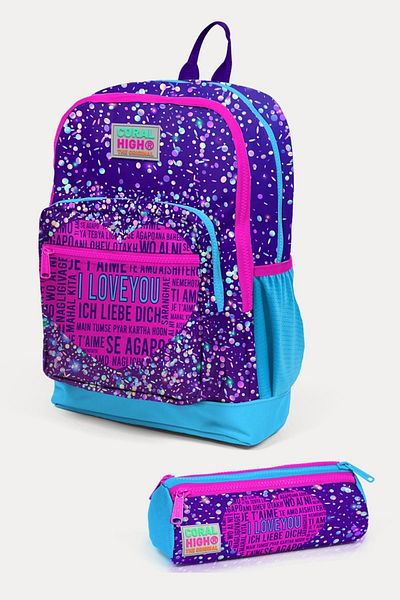 Coral High Set de geanți de școală pentru copii, violet, albastru, roz, cu model, 2 piese, SET0223740