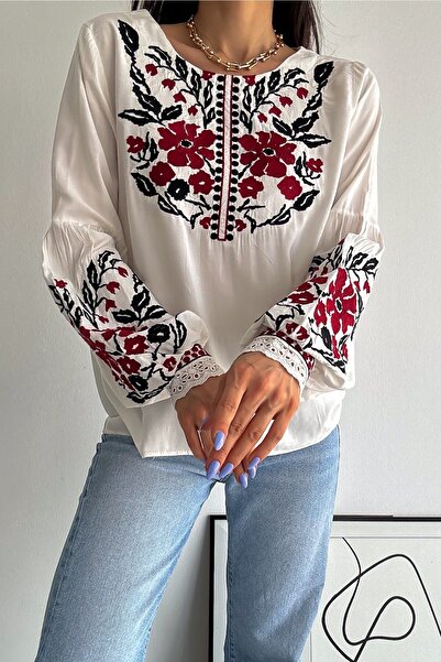 FEMELLE Γυναικεία φλοράλ κεντημένη βαμβακερή μπλούζα με λεπτομέρεια Guipure στους καρπούς