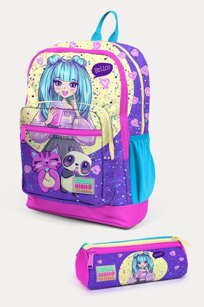 Coral High مجموعة حقائب مدرسية منقوشة للفتيات باللون الأرجواني والوردي للأطفا...