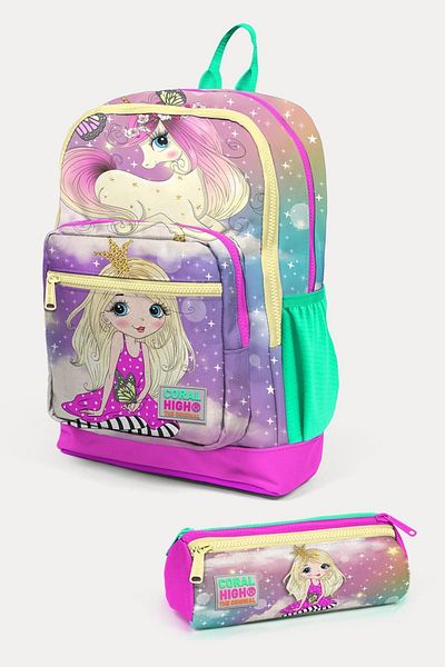 Coral High Set de geanți de școală pentru copii, roz, apă, verde, unicorn, cu model, 2 piese SET0223733