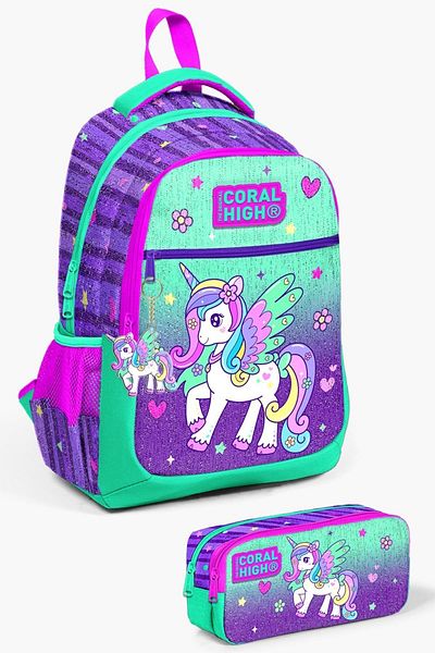 Coral High Set de 2 genți de școală pentru copii, mov, verde apă, cu model unicorn 0223487