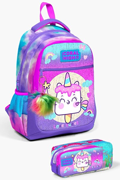 Coral High طقم حقيبة مدرسية من قطعتين بتصميم باتيك يونيكورن آيس كريم ملون للأ...
