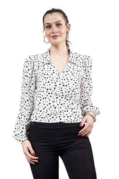 DEFİLE LUX BAĞLAMA DETAYLI KRUVAZE YAKA YILDIZ BASKILI UZUN KOL GÖMLEK EKRU -...