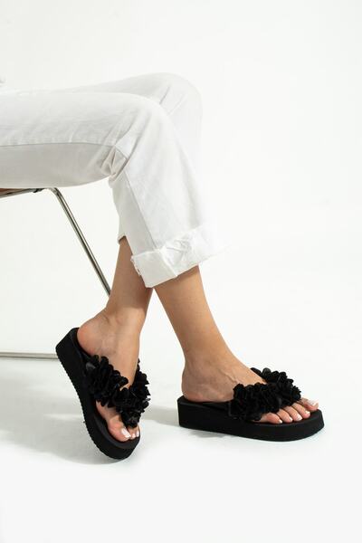 Bermody Mia Platform Siyah Çiçekli Parmak Arası Acıtmaz Plaj Terliği Flip Flops