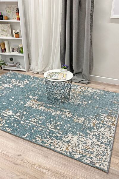 MYHOME HALI Kahve Mavi Desenli Moretti Side Yıkanabilir Çift Taraflı Dokuma Modern Halı