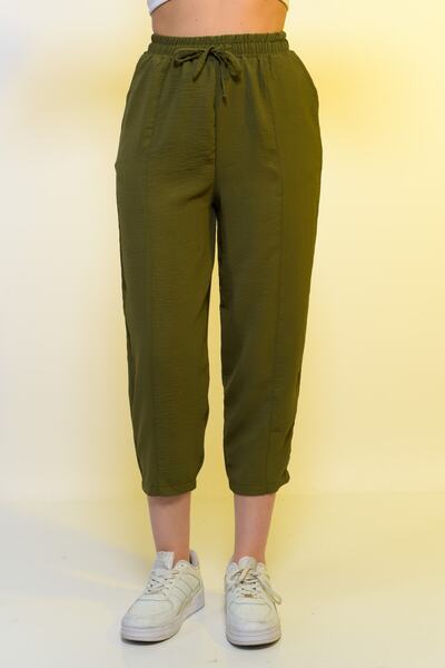 SAUNA SUIT Kadın Haki Yeşili Beli Lastikli Rahat Pantolon Yüksek Bel Ince Yen...