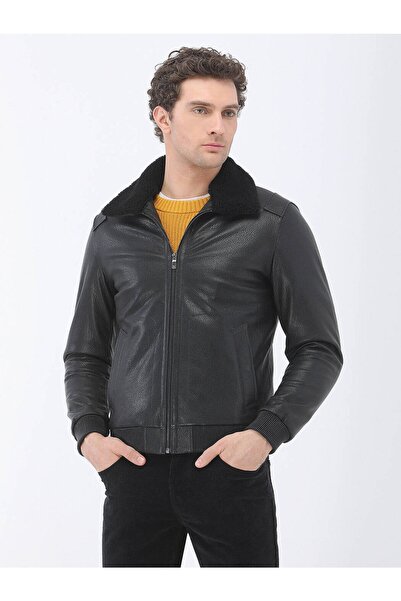 Kip Black Regular Fit Baby Collar Smart Casual Sheepskin Leather Coat