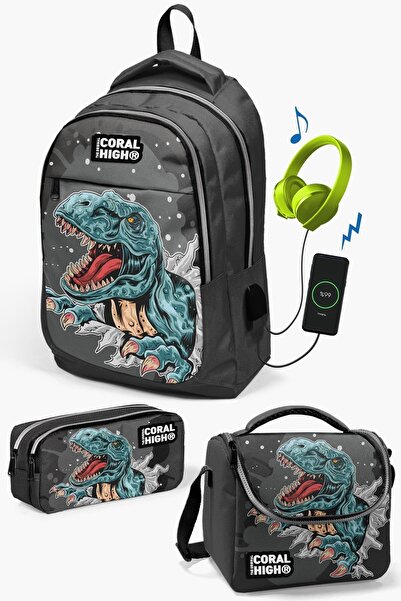 Coral High Kids Koyu Gri Siyah Dinazor Desenli Usb'li 3’lü Okul Çanta Seti SE...