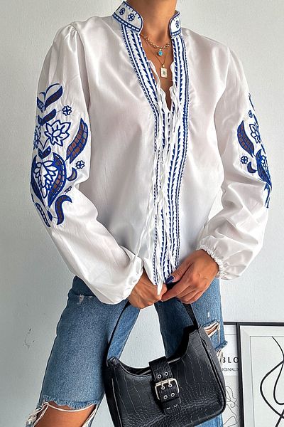 FEMELLE Women's White Collar Tied Embroidery Design Blouse