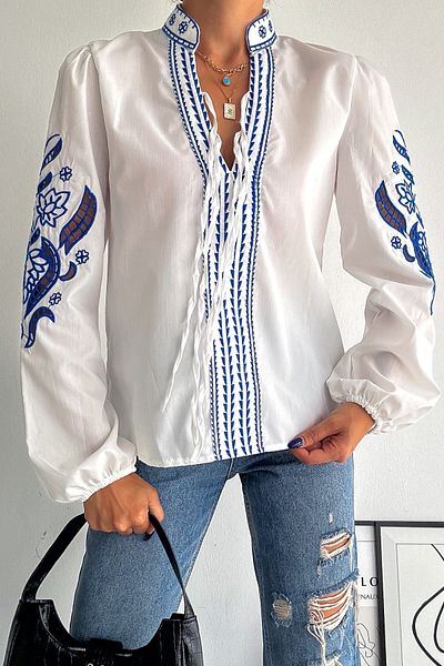 FEMELLE Women's White Collar Tied Embroidery Design Blouse