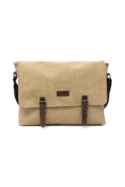 Gillario Gerçek Hakiki Deri - Kanvas Kumaş Camel 15.6 Inch Postacı Laptop Çan...