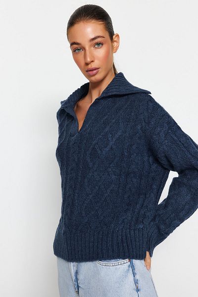 Trendyol Collection Pulover albastru din tricotaje cu textura moale și groasă TWOAW24KZ00673