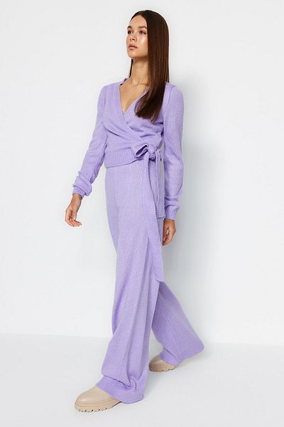 Trendyol Collection Wide Cut Lilac Crop Double Breasted Knitwear Set - Tie Detail Twoaw24Au00016