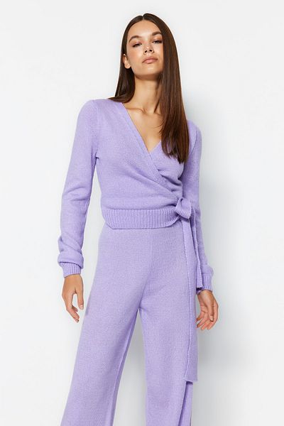 Trendyol Collection Wide Cut Lilac Crop Double Breasted Knitwear Set - Tie Detail Twoaw24Au00016