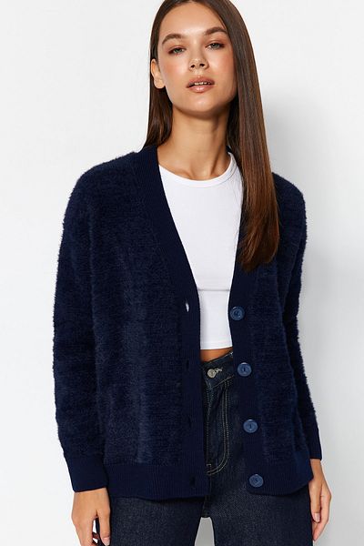 Trendyol Collection Sötétkék, széles szabású tollas kötöttáru kardigán TWOAW24HI00108