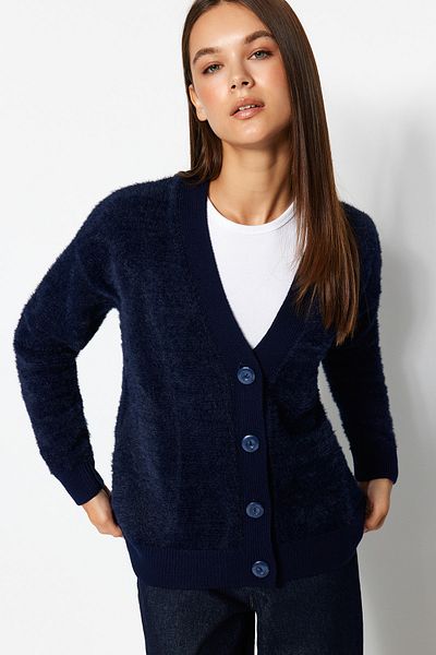 Trendyol Collection Sötétkék, széles szabású tollas kötöttáru kardigán TWOAW24HI00108