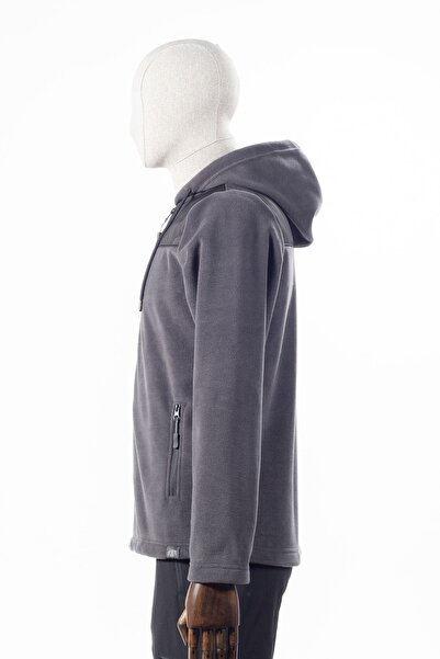 Huğlu Koyu Gri Renk Kapüşonlu Iki Cepli Polar Hırka