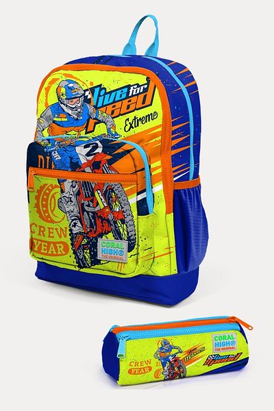 Coral High Kids Highlighter Yellow Saks Motorcycle Patterned 2-Piece School Bag Set SET0223742