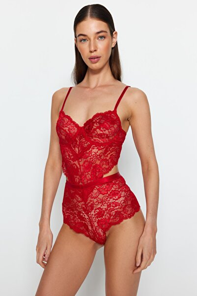 Trendyol Collection Dark Red Ruched Window/Cut Out Detailed Rope Strap Snap Knitted Body THMAW23BD00026
