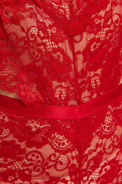 Trendyol Collection Dark Red Ruched Window/Cut Out Detailed Rope Strap Snap Knitted Body THMAW23BD00026