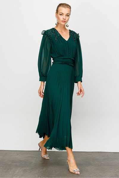 Nefeli Custom Stone Embroidered Pleated Dress