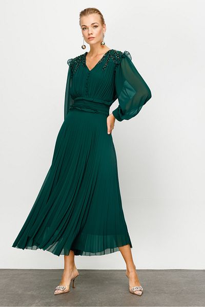 Nefeli Custom Stone Embroidered Pleated Dress