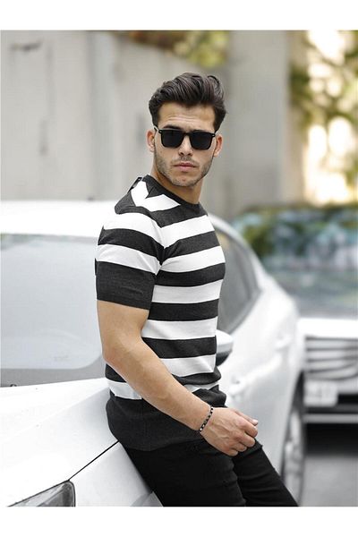 Tarz Cool Smoked-White Men's Striped Regular Fit Knitwear T-Shirt-TRZ2252001R2621S