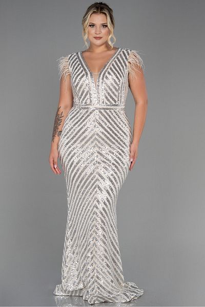 Abiyefon Plus Size Beige Sequined Evening Dress - Abu1044