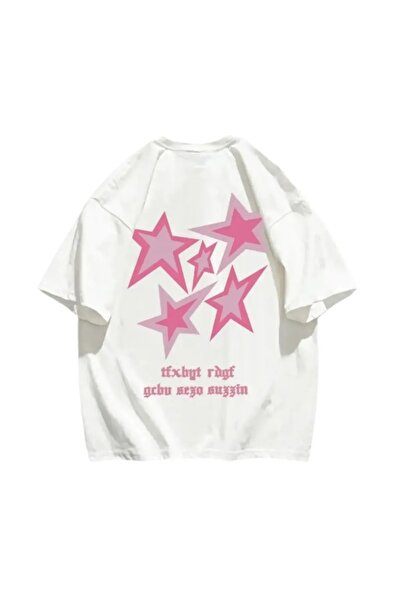 Gofeel Tricou oversize alb unisex cu stea roz imprimată pe spate
