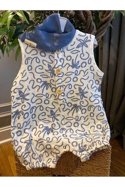 Divonette Babyaden Muslin Woven Wooden Buttoned Baby Boy Jumpsuit with Snap Fasteners and Separate Collars