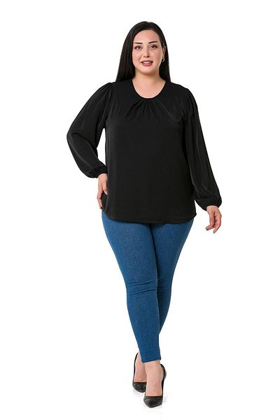 DISENTIS MODEST Plus Size Sleeve Elastic Collar Pleated Black Blouse