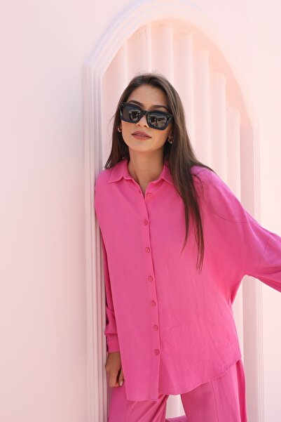 Laluvia قميص كتان فوشيا كبير الحجم بأكتاف منخفضة