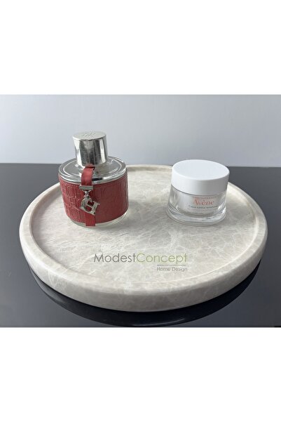 Modestmar Doğal Bej Mermer Yuvarlak Tepsi Spider Beige, Damarlı Bej Mermer, Desenli Mermer