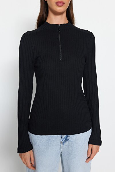 Trendyol Collection Černá zipový límec přiléhavý/přiléhavý žebrovaná pružná pletená halenka TWOAW24BZ00057