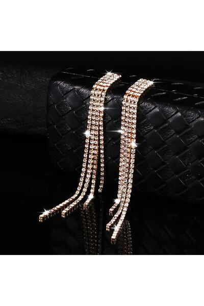 muptejewelry أقراط سهرة ذهبية متدلية منقوشة بأربعة صفوف من الماس اللامع